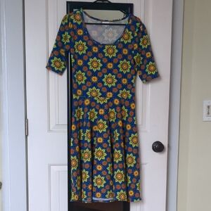 LuLaRoe Nicole Blue + Flowers Pleated Midi Dress